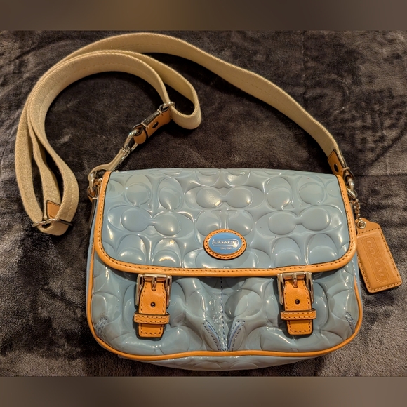 Coach Handbags - Coach patent Leather Quilted Blue and Tan Crossbody Bag In Good Shape!